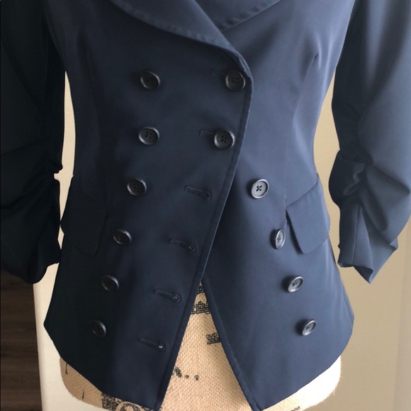 Elizabeth and James Dark Blue Double Breasted Blazer Ruched Sleeve - Size 4 - Picture 3 of 3